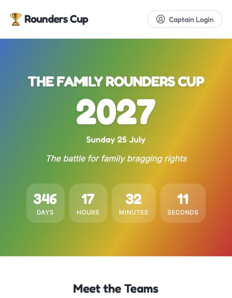 The Family Rounders Cup home page on a phone, with a countdown to the 2027 tournament